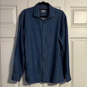 CLUB MONACO Slim Fit Men's Large Blue Denim Chambray Cotton Button Up Shirt